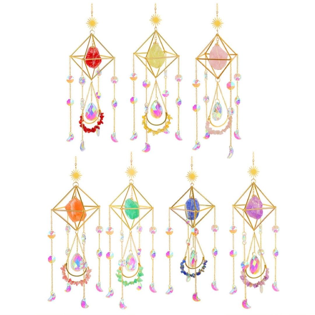 Colorful Fluorite | Crystal Wind Chime Moon and Sun Catcher - D SCENT