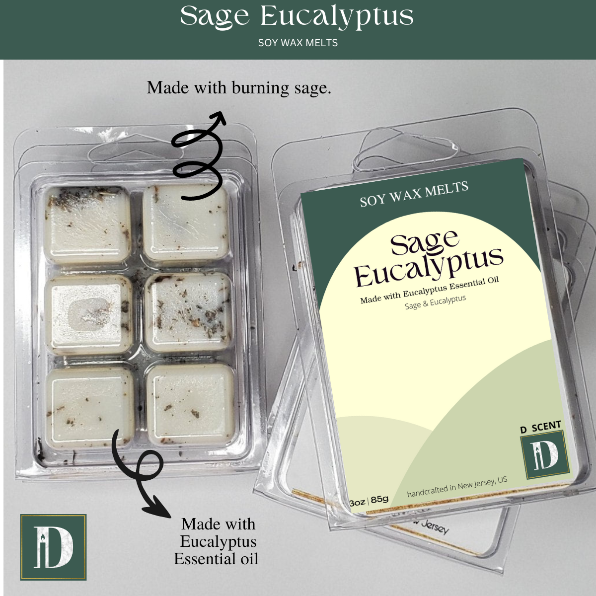 Sage Eucalyptus Soy Wax Melts | Clamshell - D SCENT
