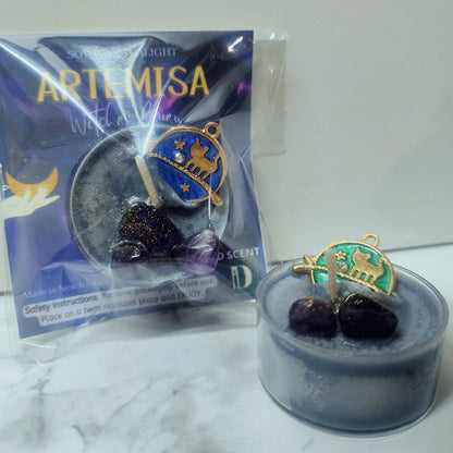 ARTEMISA (Witches Brew) Soy Candle with Amethyst Stones and Charm | Tealight - D SCENT 