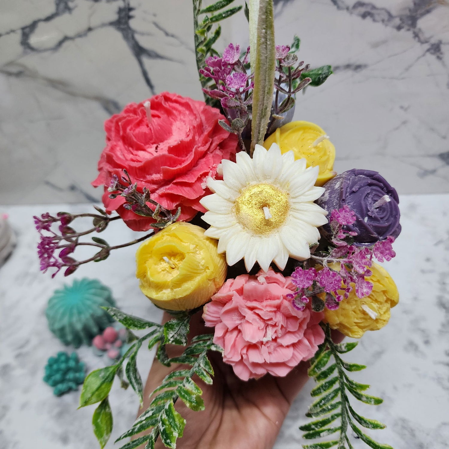 Bright Colors Flower Candles Arrangement | Premium Soy Wax | Handcrafted Floral Candle Centerpiece | Wedding | Home Decor - D SCENT 