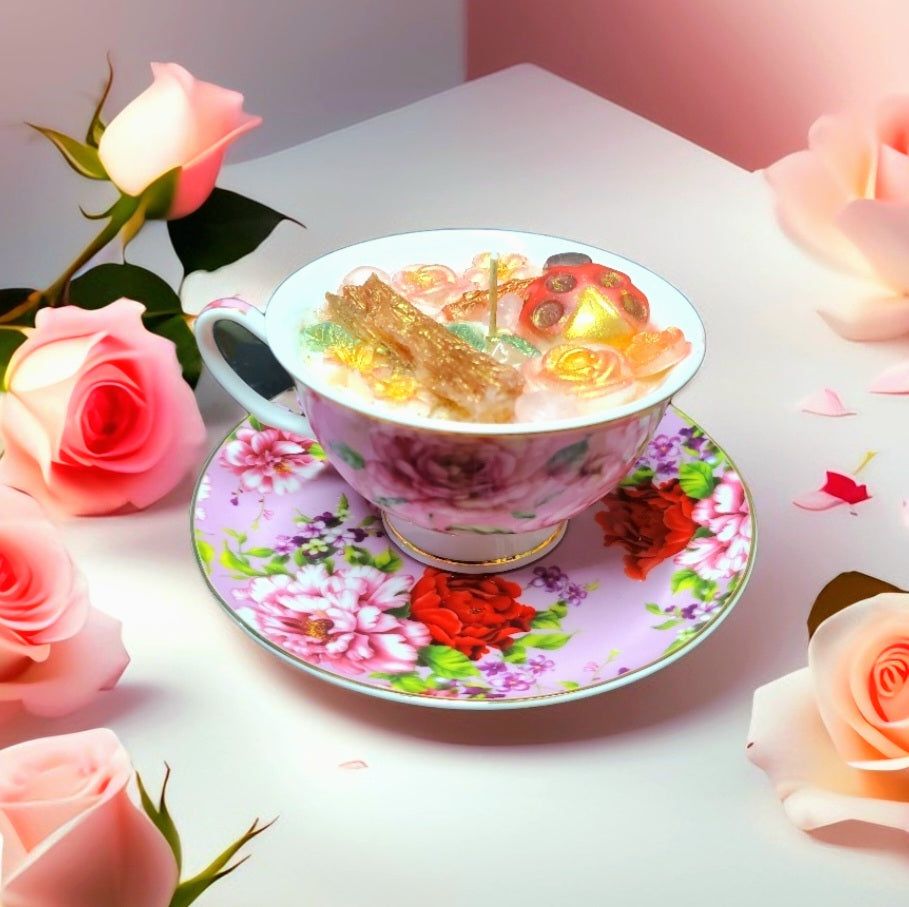 Garden of Flowers Soy Candle | Vintage Tea Cup and Saucer - D SCENT 