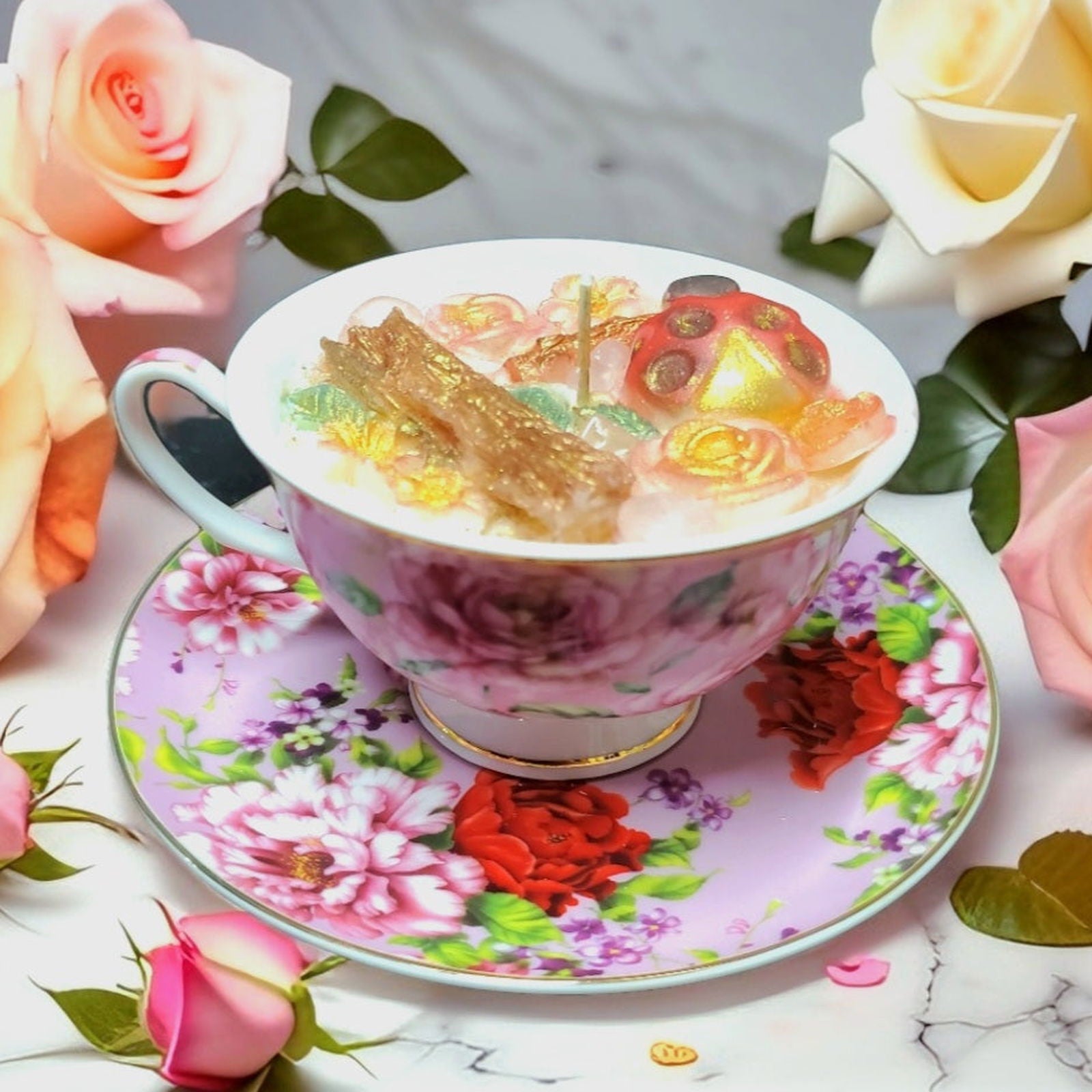 Garden of Flowers Soy Candle | Vintage Tea Cup and Saucer - D SCENT 