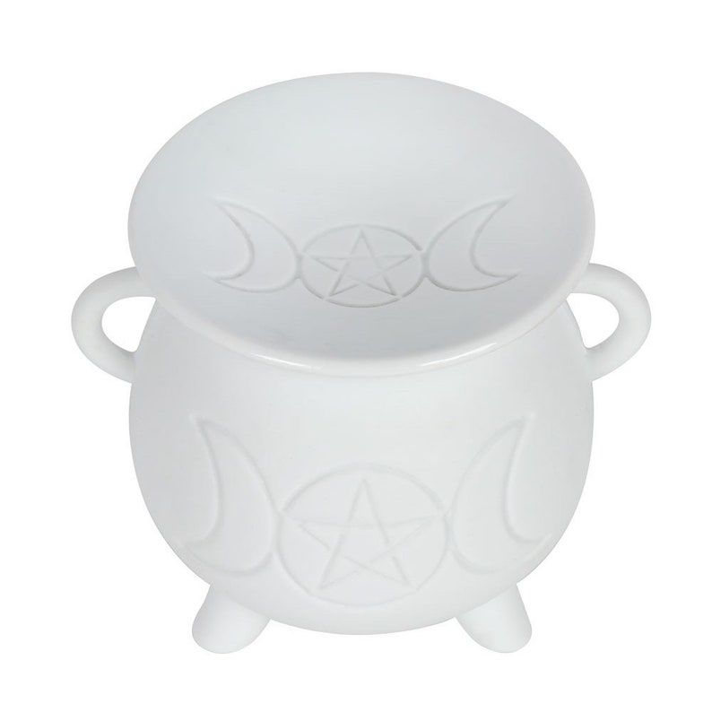White Cauldron Pentagram Triple Moon Wax Warmer / Oil Burner - D SCENT 