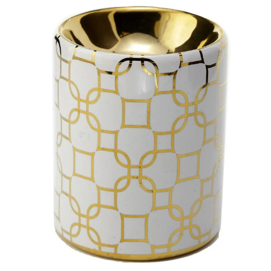 White Mini Gold Metallic Geometric | Ceramic Fragrance Warmer | Wax Warmer / Oil Burner - D SCENT 
