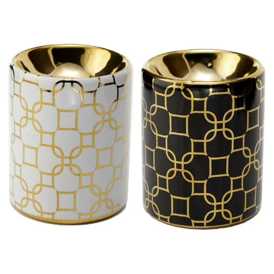 White Mini Gold Metallic Geometric | Ceramic Fragrance Warmer | Wax Warmer / Oil Burner - D SCENT 