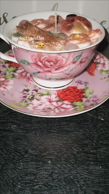 Vela de soja Jardín de Flores | Taza de té vintage y platillo