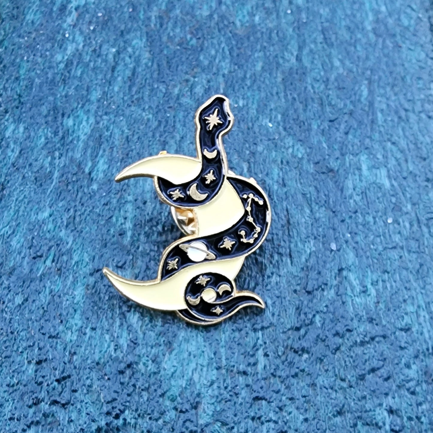 Black Space Snake with Moon Enamel Pin