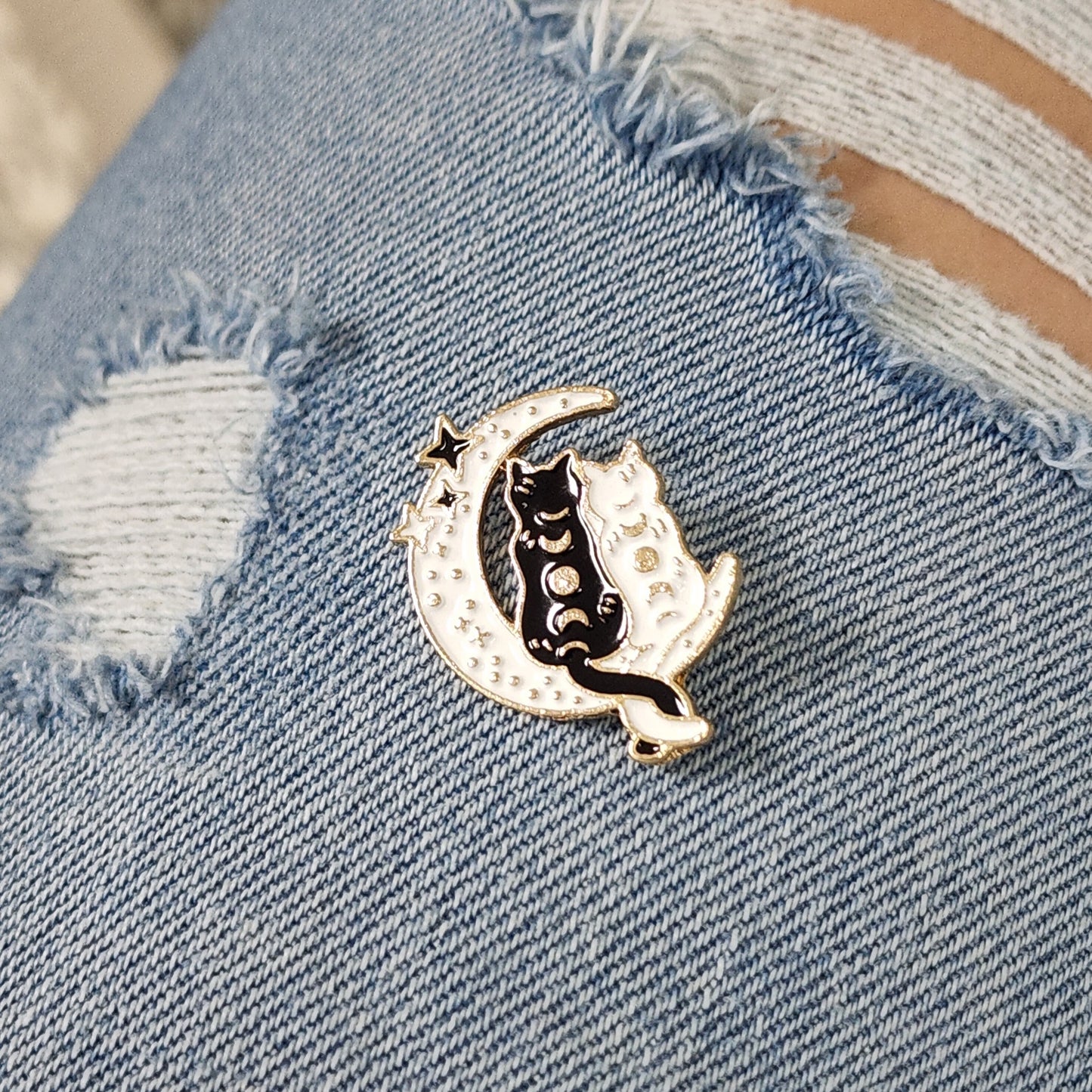 Black and White Cats in Moon Enamel Pin