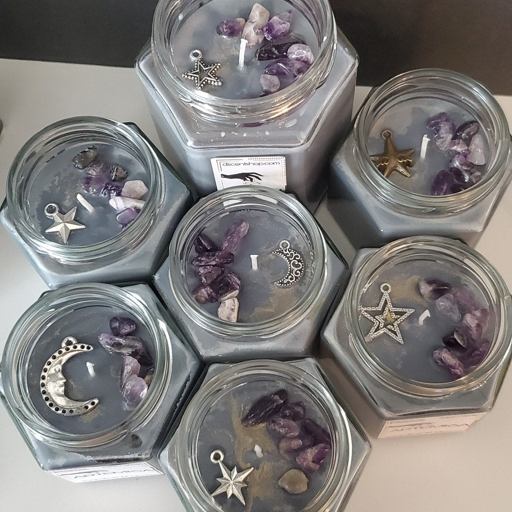 ARTEMISA (Witches Brew) Soy Candle with Amethyst Stones and Charm | Large Hex Jar